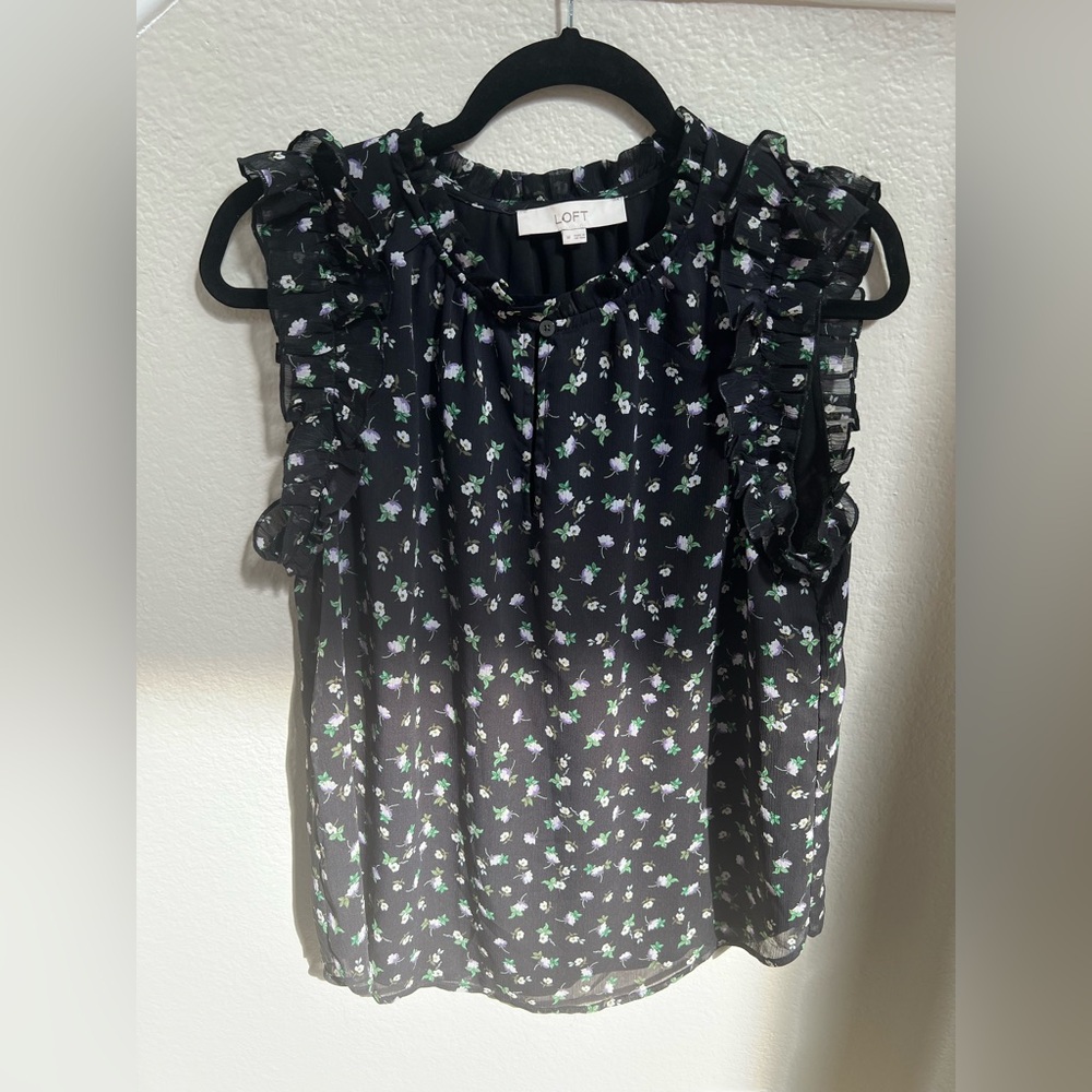 LOFT Black and Green Floral Ruffle Blouse